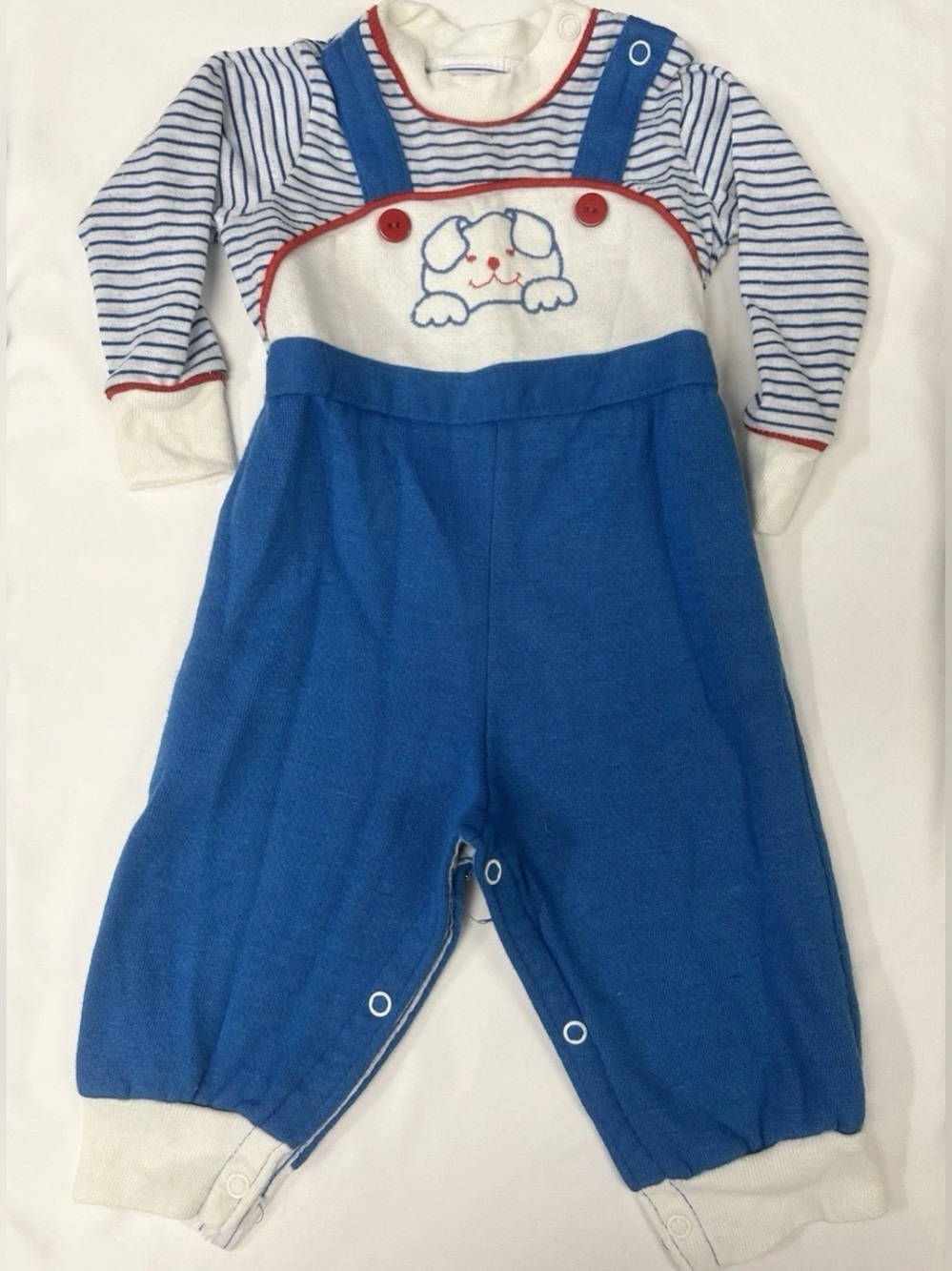 VTG 1980s Doe-Spun One-Piece Striped Dog Embroidered Romper 6-9 Months